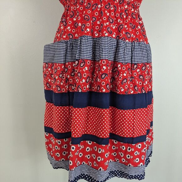 Vintage Dress Bandana Print Fit Flare Short Sleeve Patriotic July Navy Red M - Picture 5 of 11